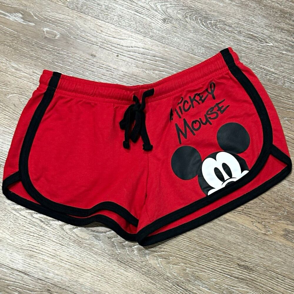 Disney Mickey Mouse Red Knit Sweat Shorts Drawstring Elastic Waist Juniors 3